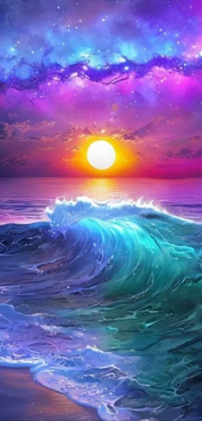 Vivid ocean sunset with cosmic sky and dynamic waves.