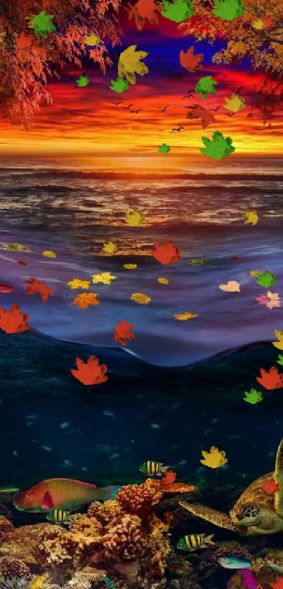 Vibrant sunset over ocean with autumn leaves and marine life.