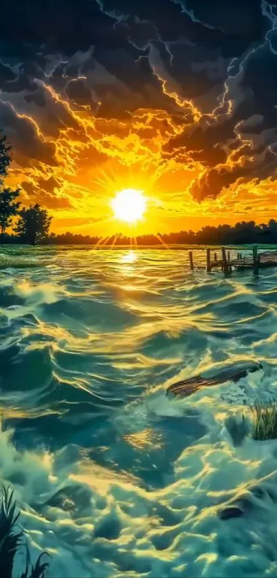 Dramatic ocean sunset with vibrant golden hues and turbulent waves.