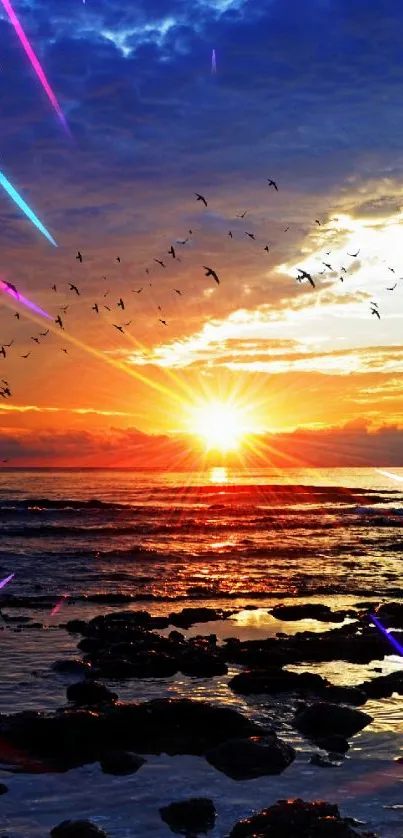 Vibrant ocean sunset with birds and sparkling sun.