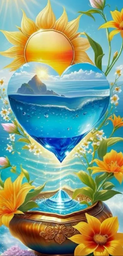 Heart-shaped ocean scene with vibrant flowers and sun.