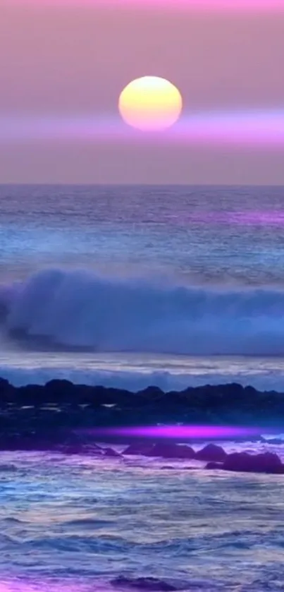 Vibrant ocean sunset with pink and purple colors and serene waves.