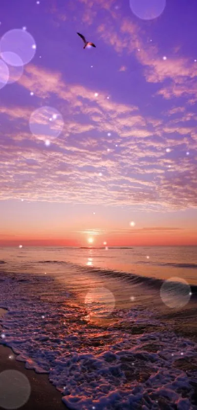 Serene ocean sunset with vibrant purple sky and gentle waves.