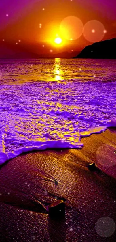 Vibrant purple ocean sunset wallpaper with glowing orange sun.