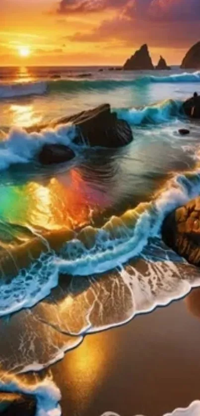 Vibrant ocean sunset with colorful waves crashing on rocks.