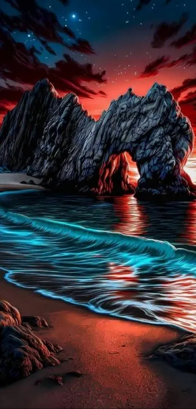Vibrant ocean sunset with colorful waves and dramatic sky.