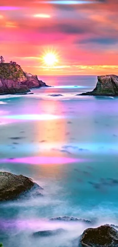 Vibrant ocean sunset with colorful sky and serene waters.