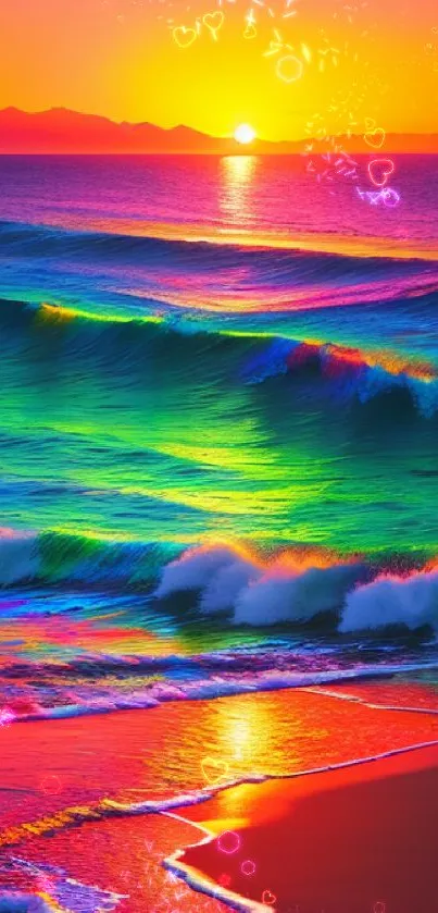 Vibrant sunset over ocean waves with colorful sky.