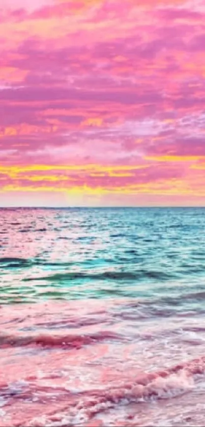 Vibrant sunset over ocean with pink sky and waves.