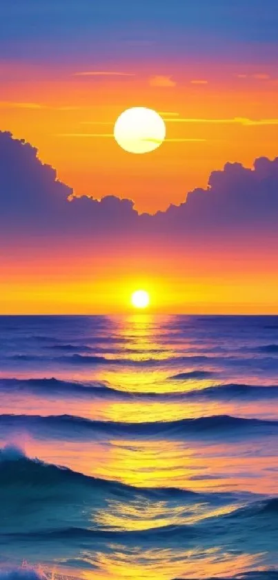 Mobile wallpaper of a vibrant ocean sunset with waves and golden sky.