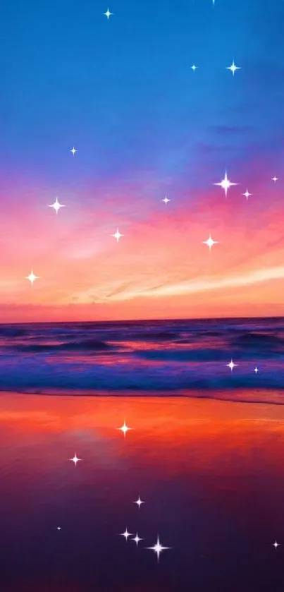 Vibrant pink and blue ocean sunset wallpaper with serene beach view.