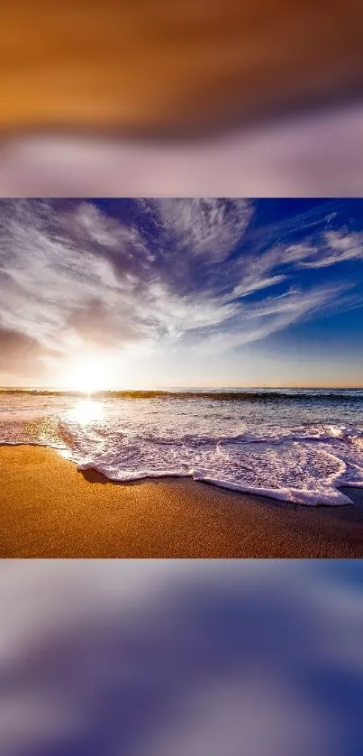 Stunning sunset over ocean waves with vibrant blue sky.