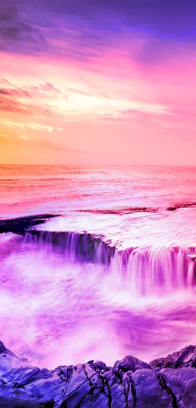 Vibrant sunset over ocean waves with pink and purple hues.