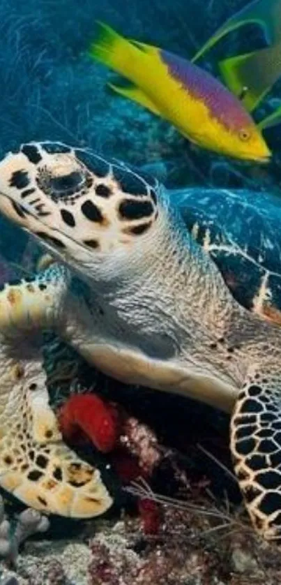 Sea turtle surrounded by colorful fish in an underwater scene.