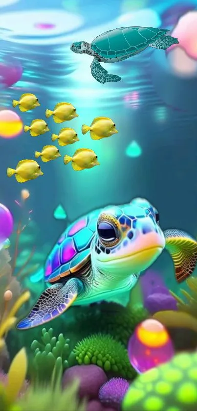 Vibrant underwater scene with turtles and colorful sea creatures.