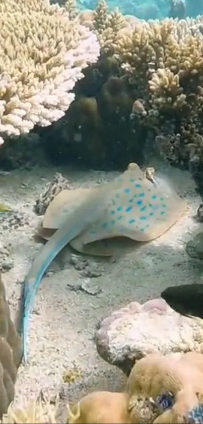 Blue-spotted stingray swimming in a vibrant coral reef underwater scene.