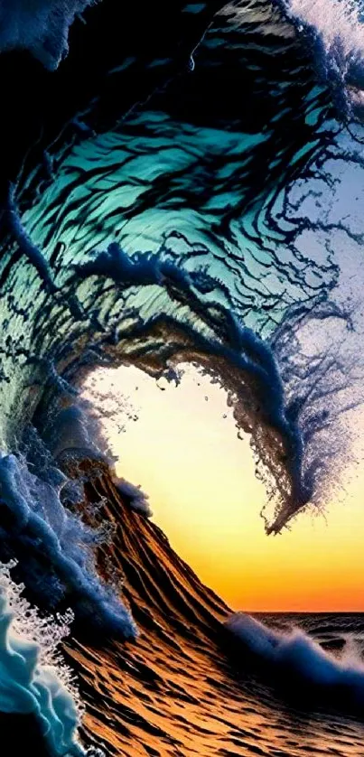 Vibrant ocean wave at sunset in artistic style.