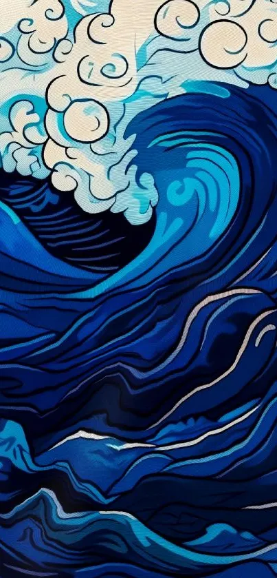 Colorful ocean wave art with deep blues and swirling clouds.