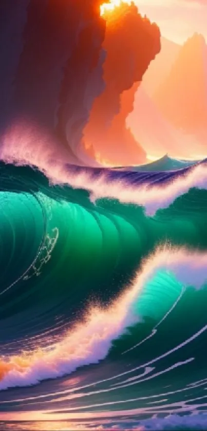 Vibrant ocean waves at sunset, perfect for mobile wallpaper.