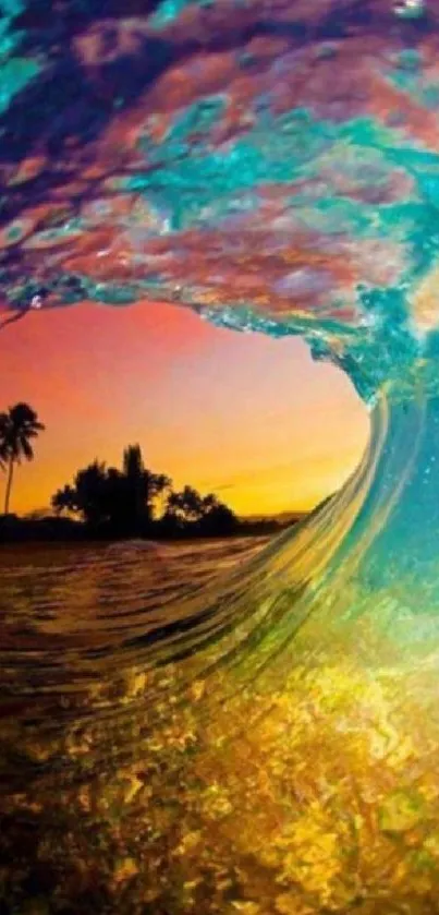 Vibrant wave with sunset sky and palm silhouettes.