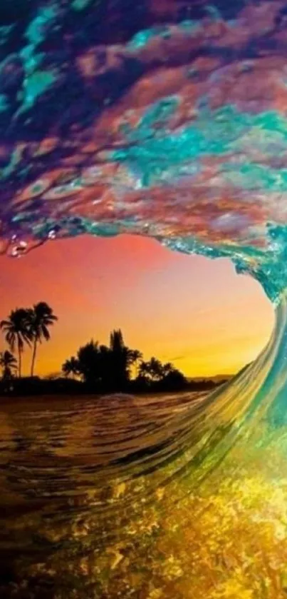 Colorful ocean wave framing a vibrant sunset beach scene.