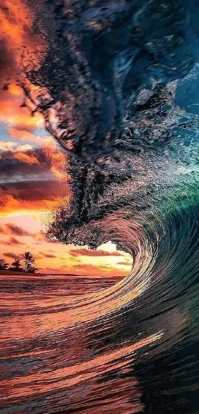 Vibrant ocean wave at sunset with vivid colors.