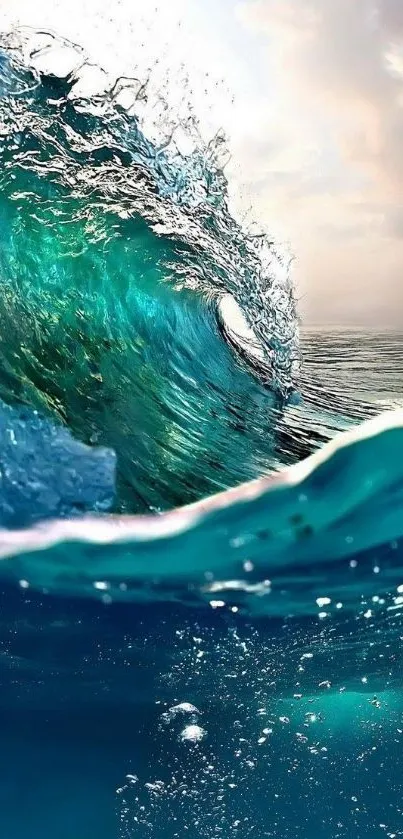 Turquoise ocean wave crashing in sunlight.