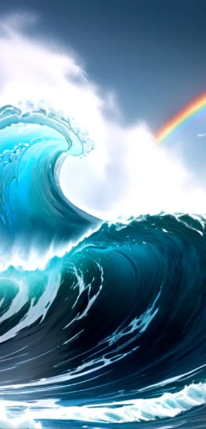 Dynamic ocean wave with a rainbow in vibrant colors.