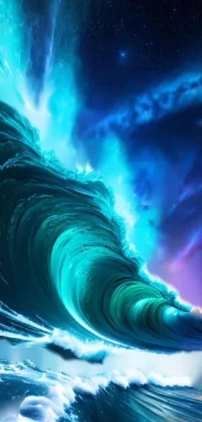 Vibrant teal ocean wave with cosmic sky.