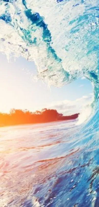 Vibrant blue ocean wave with sunlight.