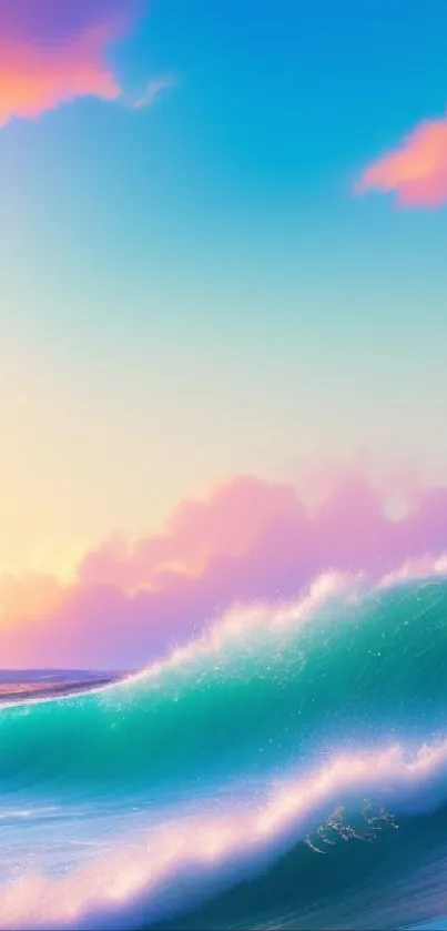 Vibrant ocean wave with sunset sky and colorful clouds on phone wallpaper.