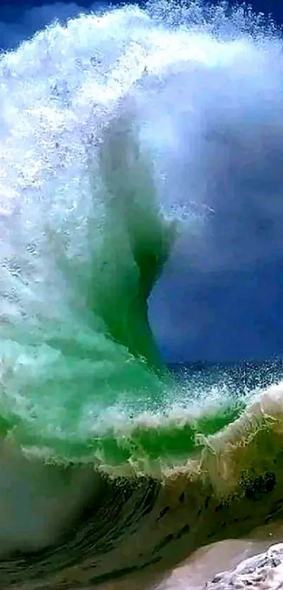 Dynamic ocean wave crashing against sky and sand on mobile wallpaper.