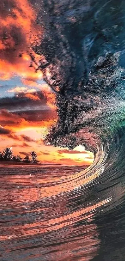 Dynamic ocean wave at sunset with vibrant colors.