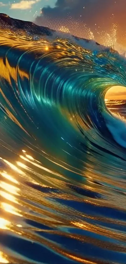 Vibrant ocean wave with sunset reflections.