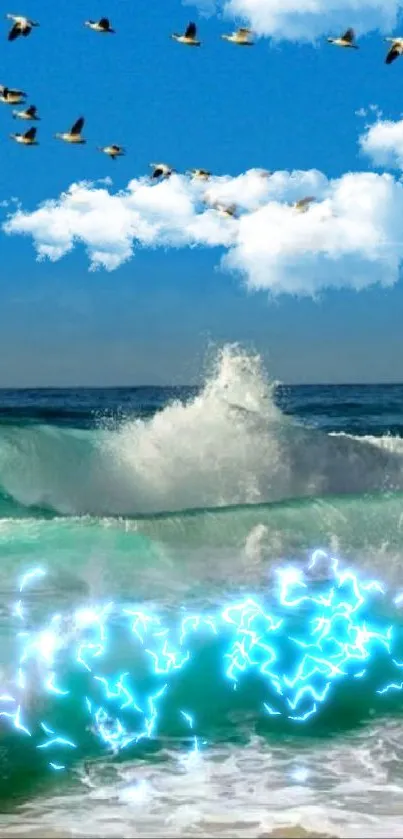 Ocean waves crash under a clear blue sky with flying birds.