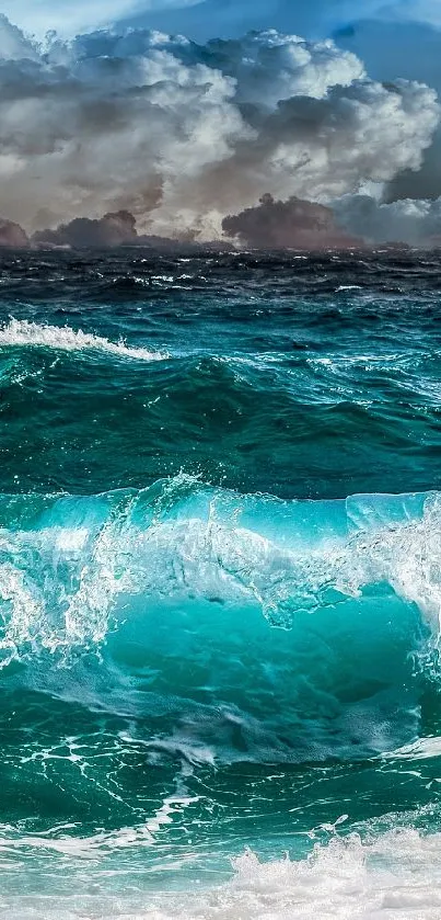 Vibrant turquoise ocean waves crashing under dramatic clouds.