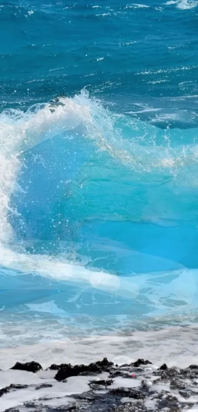 Turquoise ocean wave crashing on a rocky shore, vibrant blue water.