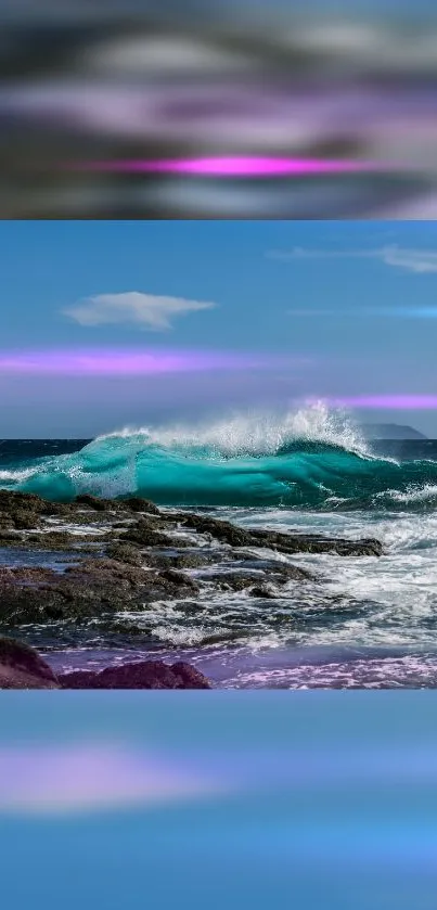 Vibrant ocean waves crash under a serene blue sky.