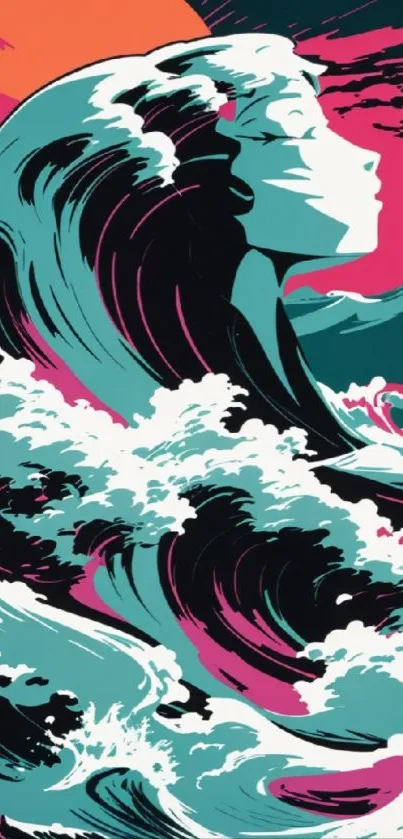 Vibrant oceanic art wallpaper with dynamic waves and a serene face silhouette.