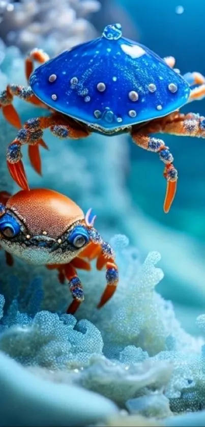 Vibrant blue crab underwater on coral reef background.