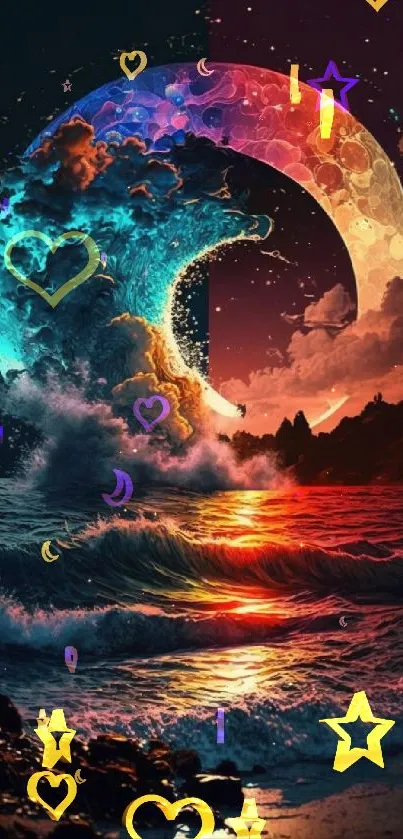 Vibrant ocean and crescent moon digital art with colorful waves and cosmic background.