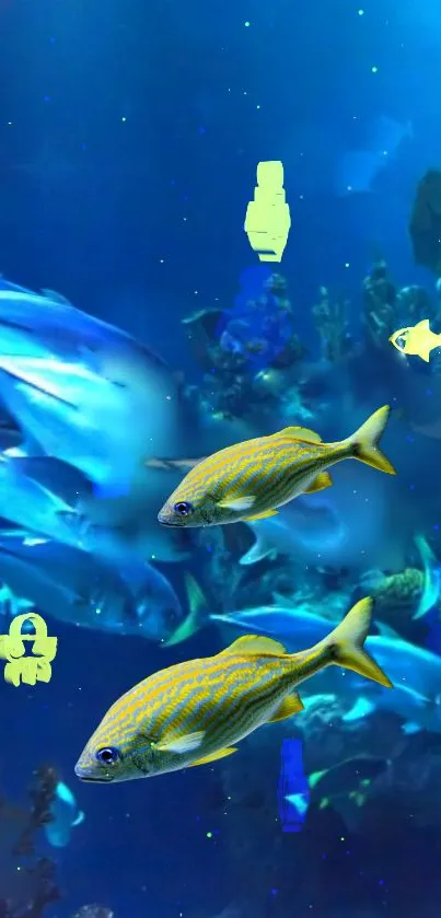 Colorful fish swim in a vibrant blue ocean scene, creating a serene wallpaper.