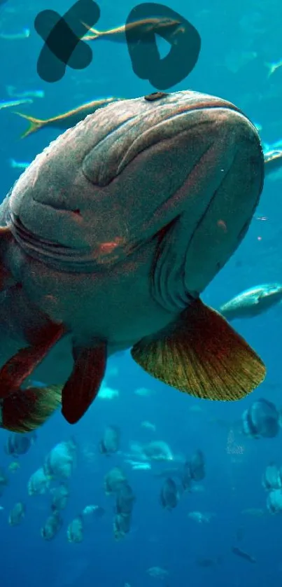 Underwater scene with a large fish and deep blue ocean backdrop.