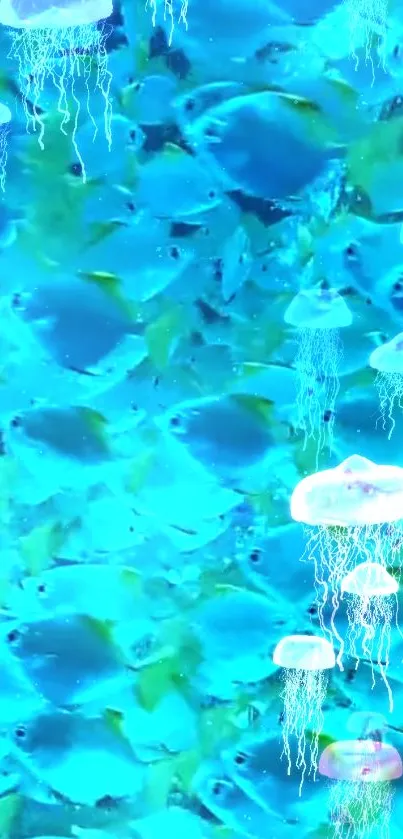 Vibrant wallpaper with blue fish and glowing jellyfish in an aquatic scene.