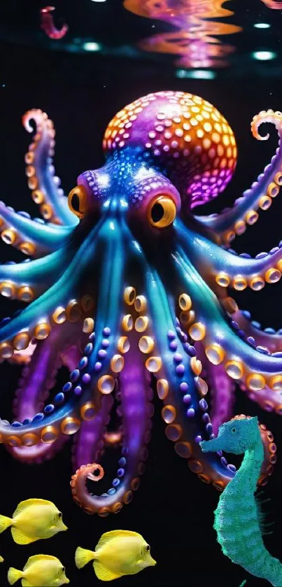 Colorful octopus and seahorse in ocean wallpaper.