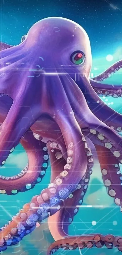 Vibrant octopus art with a vivid blue background.