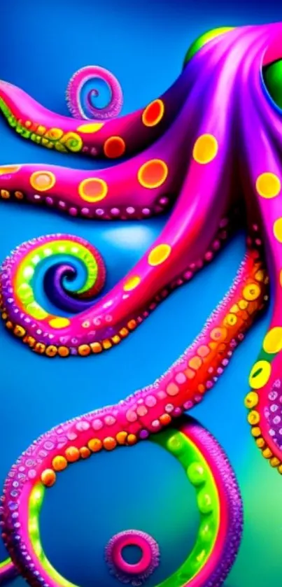 Vibrant octopus with colorful tentacles on a blue background.