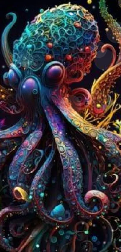 Vibrant abstract octopus wallpaper with colorful tentacles and marine design.