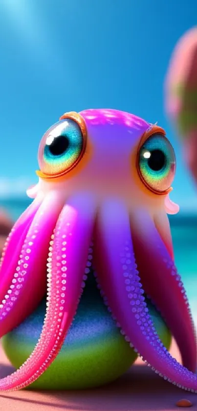 Cute pink octopus on a beach with vibrant colors in a digital artwork.