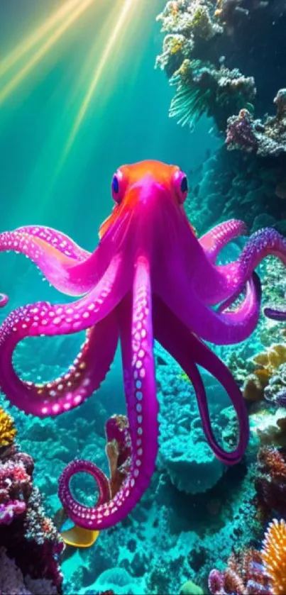 Colorful octopus amidst vibrant coral reef under radiant ocean light.